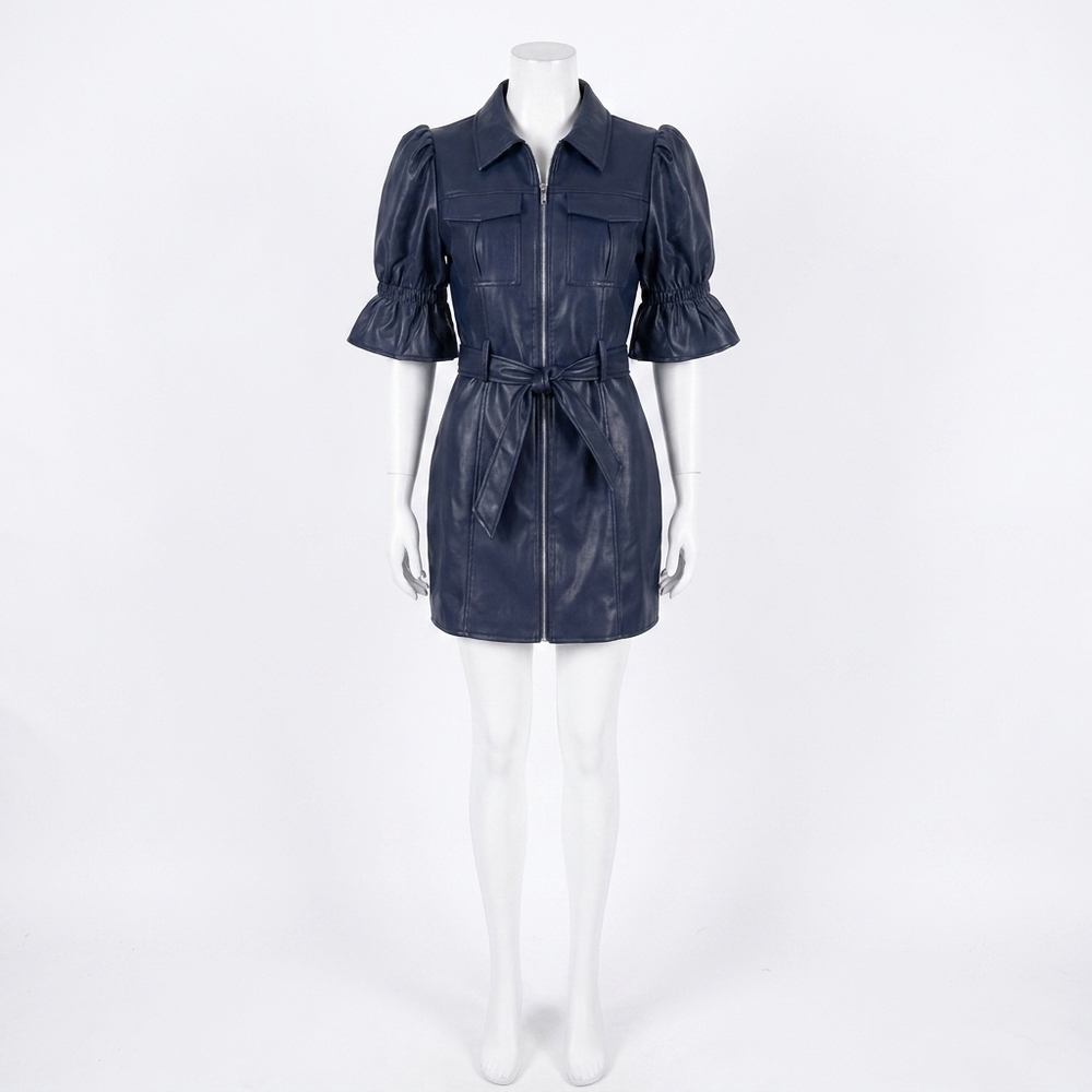 NEW DOLCE CABO vegan leather puff sleeve belted mini dress in navy